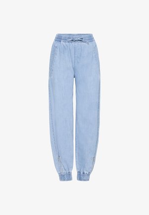 Lyseblå joggingbukser i denim med elastik i taljen, snøre, sidelommer og elastiske manchetter med lynlås.