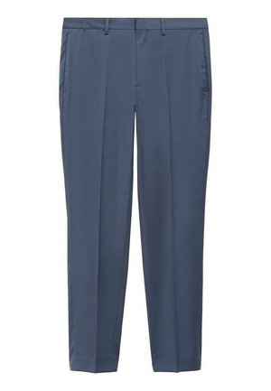 Tailored dark blue trousers made of smooth fabric. Features a flat front, two side pockets, and a classic straight-leg design.