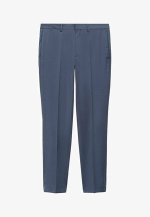 prilagođene tamnoplave hlače od glatkog materijala. Imaju ravni prednji dio, dva bočna džepa i klasičan ravni kroj.