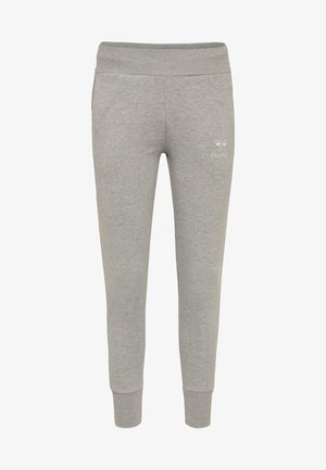 Pantalones de chándal de algodón gris con una textura suave, piernas estrechas, una cintura ancha elástica y un pequeño logo impreso en la parte delantera.