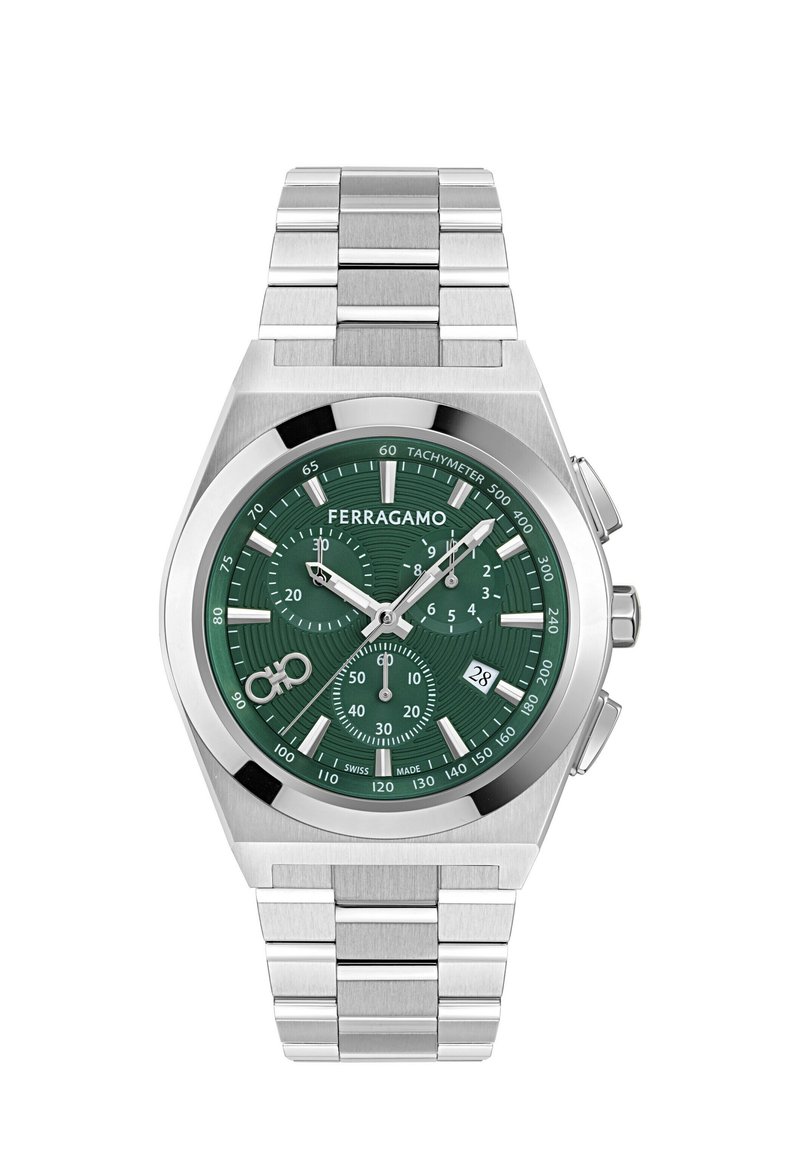 Ezüst színű rozsdamentes acél krónográf óra zöld textúrájú számlappal, fehér órjelek, három kis számlap, és dátum kijelző 6 óránál.