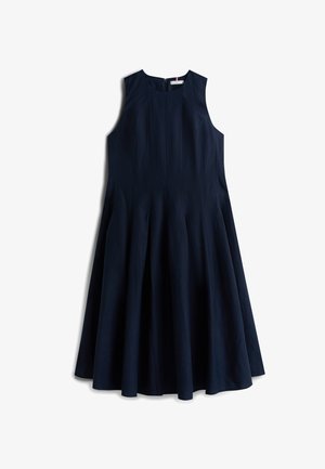 Vestido midi sin mangas azul marino con cuerpo ajustado, escote redondo, cremallera trasera y falda acampanada.