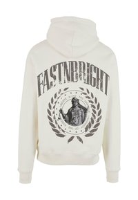 Krémová mikina s kapucňou s veľkým grafickým dizajnom, ktorý obsahuje text "FASTNBRIGHT" obklopený vavrínovými listami a obrazom sochy na chrbte.