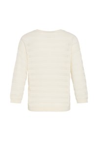 Pull blanc en maille avec manches longues, rayures horizontales ajourées et encolure ronde, vu de dos.