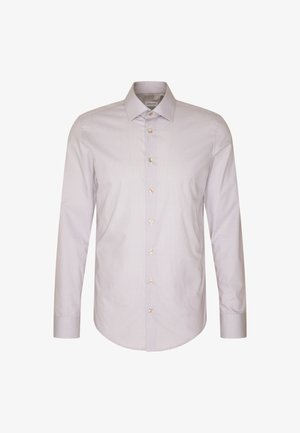 Camicia bianca a maniche lunghe con piccolo motivo geometrico blu, colletto classico e bottoni dorati lungo la parte anteriore. Tessuto dalla texture liscia.