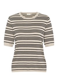 Pull court beige à manches courtes avec des rayures horizontales noires, col rond et texture tricot douce. Design décontracté pour un port polyvalent.
