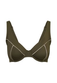 Olivgrön bh med breda band, med bygelstöd och kontrasterande vita sömmar. Slät tyg med en strukturerad, rund form.
