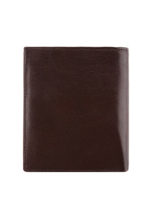 Portefeuille en cuir marron foncé avec une texture lisse et une forme rectangulaire. Présente des coutures discrètes le long des bords. Design minimaliste.