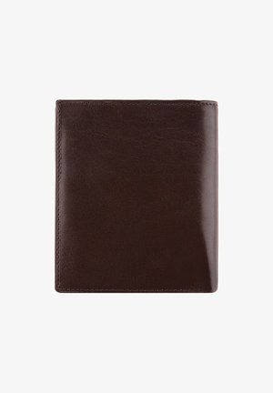 Portefeuille en cuir marron foncé avec une texture lisse et une forme rectangulaire. Présente des coutures discrètes le long des bords. Design minimaliste.