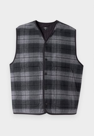 Musta- ja harmaaruudullinen hihaton liivi, jossa painonappikiinnitys edessä ja kaksi etutaskua.