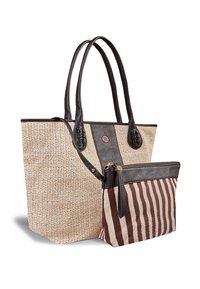 Sac fourre-tout en paille tissée avec des accents en cuir marron ; forme rectangulaire ; comprend une pochette en tissu rayé avec fermeture éclair.