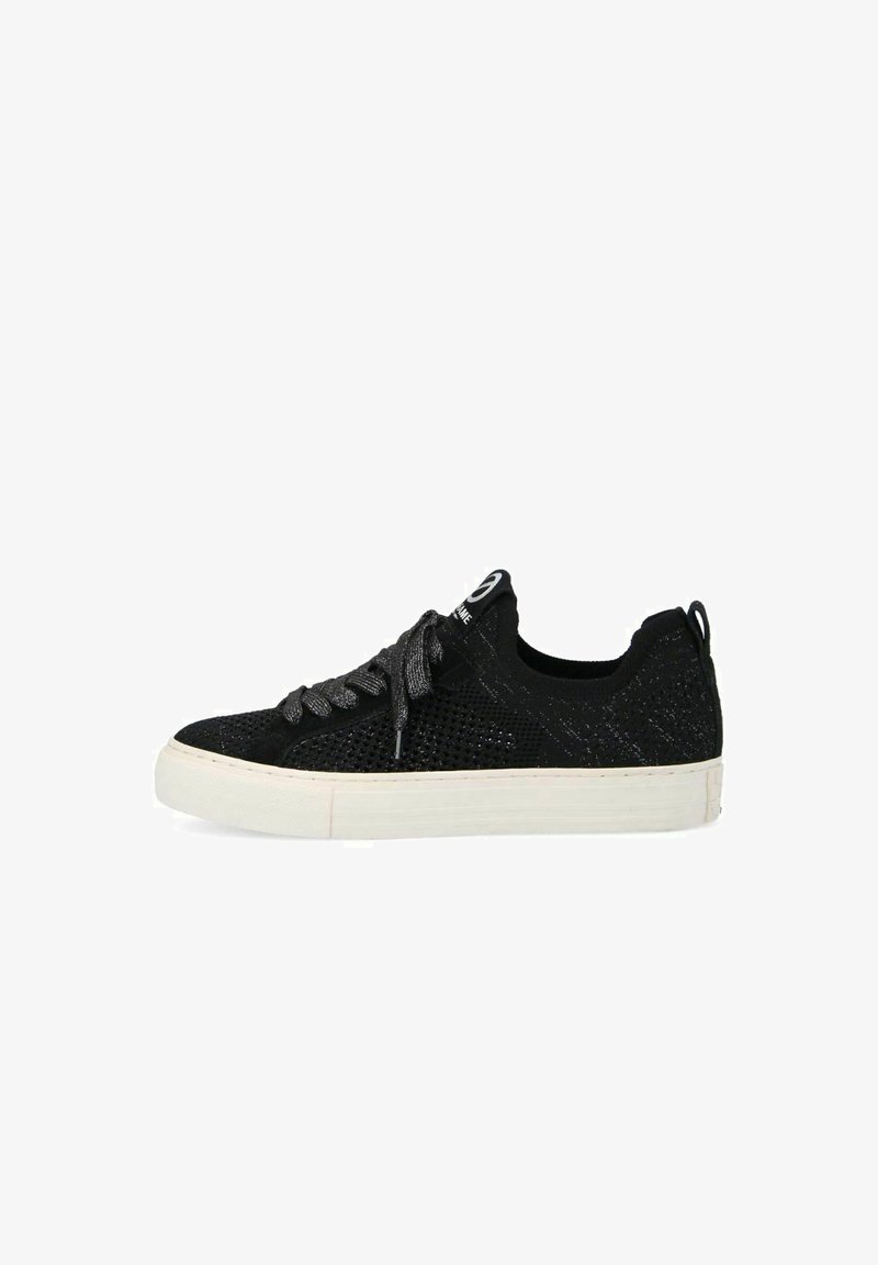 Black mesh sneakers with textured surface, reflective laces, and a white rubber sole. Features a pull tab at the back for easy wear.