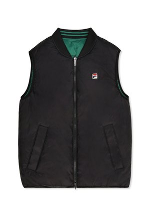 Chaleco de plumas negro con cremallera frontal, dos bolsillos laterales y forro interior verde. Presenta un cuello acanalado con rayas en contraste y logotipo.