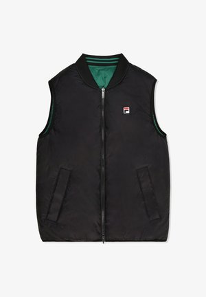 Czarna kamizelka puchowa z zamkiem z przodu, dwiema bocznymi kieszeniami i zielonym wyściółką wewnętrzną. Posiada ściągacz przy szyi z kontrastowymi paskami i logo.