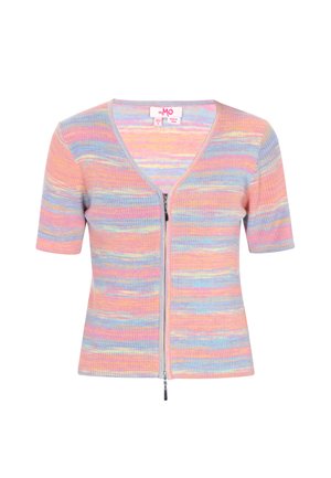 Krátký rukáv, pruhovaný žebrovaný pletený kardigan s pastelovými vícebarevnými pruhy, véčkový výstřih a přední zapínání na zip.