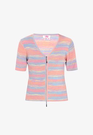 Krátký rukáv, pruhovaný žebrovaný pletený kardigan s pastelovými vícebarevnými pruhy, véčkový výstřih a přední zapínání na zip.