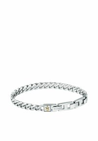 Silverfärgad metallkedjearmband med sammanlänkade länkar, utrustad med ett rektangulärt lås med Maserati-logotyp och med en texturerad yta.