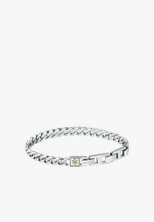 Silberne Metallkette mit ineinandergreifenden Gliedern, ausgestattet mit einem rechteckigen Verschluss mit Maserati-Logo und einer strukturierten Oberfläche.