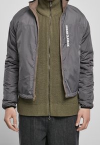 Giacca bomber in nylon grigia con colletto alto, chiusura a zip e polsini a costine. Sotto, un dolcevita verde in maglia con zip.