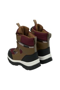Waterdichte winterlaarzen met een bruin en bordeauxrood design, textiele bovenkant, verstelbare banden en een gestructureerde zwarte rubberen zool.