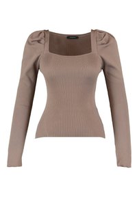 Braun gestreiftes Langarmoberteil mit quadratischem Ausschnitt und puffigen Schultern. Hergestellt aus strukturiertem Stoff, betont das taillierte Design die Form.