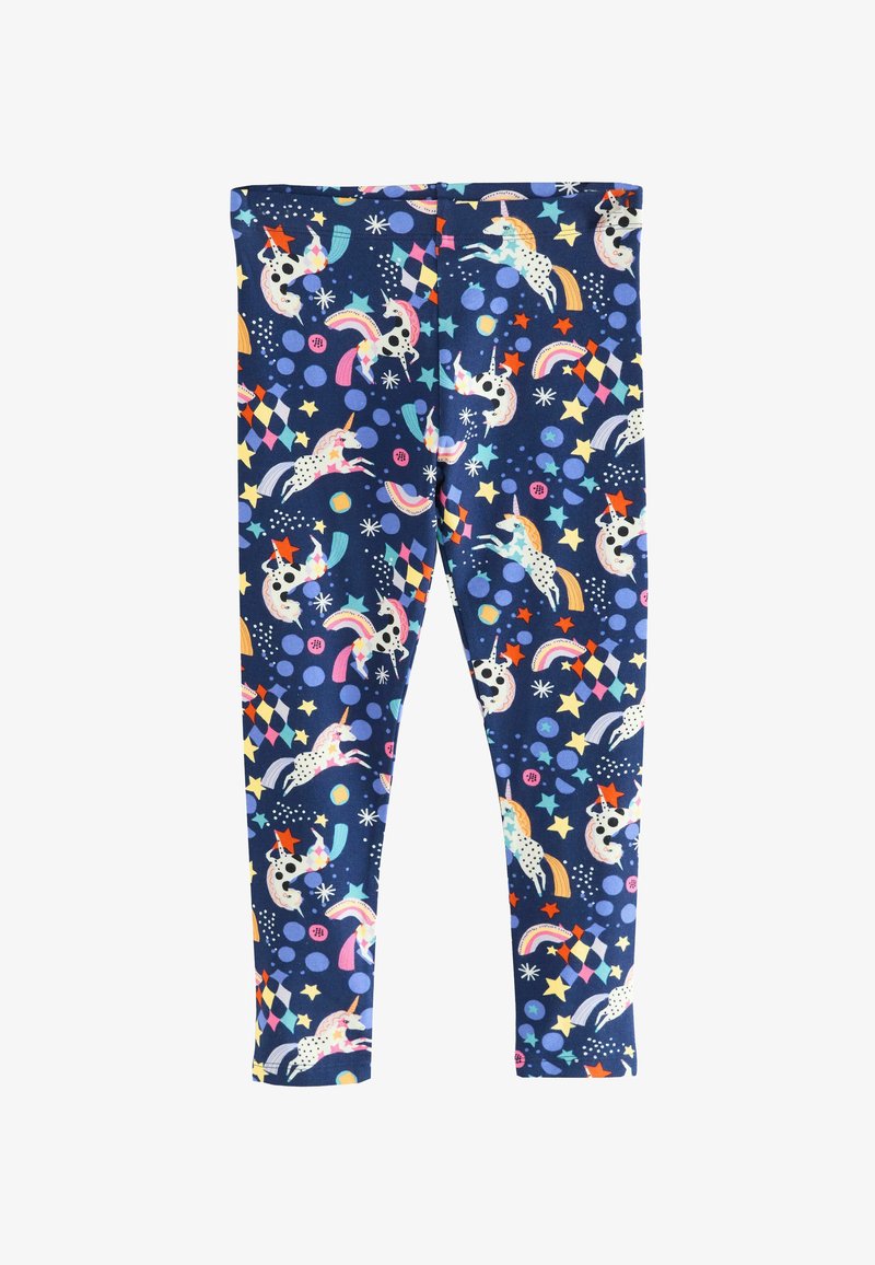 Children's navy leggings with colorful unicorns, rainbows, stars, and geometric shapes pattern.