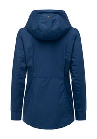Veste imperméable bleu marine à manches longues avec capuche attachée, vue de dos.