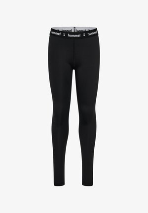 Sorte leggings lavet af strækbart materiale, med en bred elastisk talje med hvid "hummel" logo. Strømlinet design, uden mønstre eller detaljer.