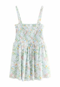 Abito floreale con spalline regolabili, corpetto arricciato e gonna svasata. Il tessuto presenta un mix di fiori pastello su uno sfondo chiaro.