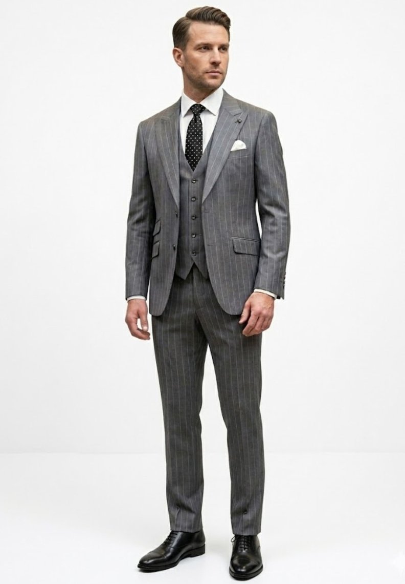 Hombre con traje de tres piezas de rayas grises, camisa blanca, corbata negra con lunares blancos, pañuelo blanco en el bolsillo y zapatos de vestir negros, de pie erguido.