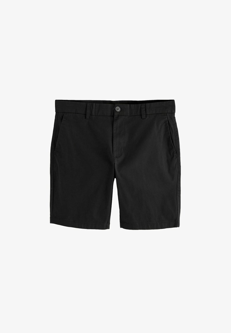 Short noir mi-longueur avec passants pour ceinture, fermeture à bouton et poches avant sur fond blanc.