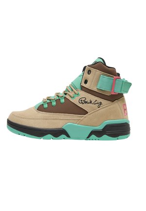 Pantof sport cu talpă înaltă, în bej, maro și verde mentă, cu curea la gleznă, șireturi și detaliu negru semnătură pe lateral.