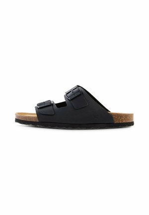 Czarna sandałka typu slide z dwoma regulowanymi paskami z klamrami i korkową wkładką, widoczna z profilu na białym tle.