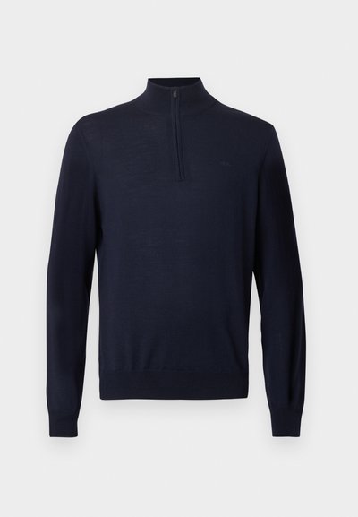 Granatowy sweter z wysokim kołnierzem i krótkim zamkiem. Wykonany z teksturowanej tkaniny, z długimi rękawami i dopasowanym dołem.