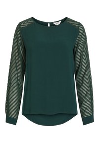 Dunkelgrüne Bluse mit rundem Ausschnitt, durchsichtigen gemusterten Ärmel mit Zickzack-Designs und einem Schlüsselloch-Detail im Rücken. Weiche Stoffstruktur.