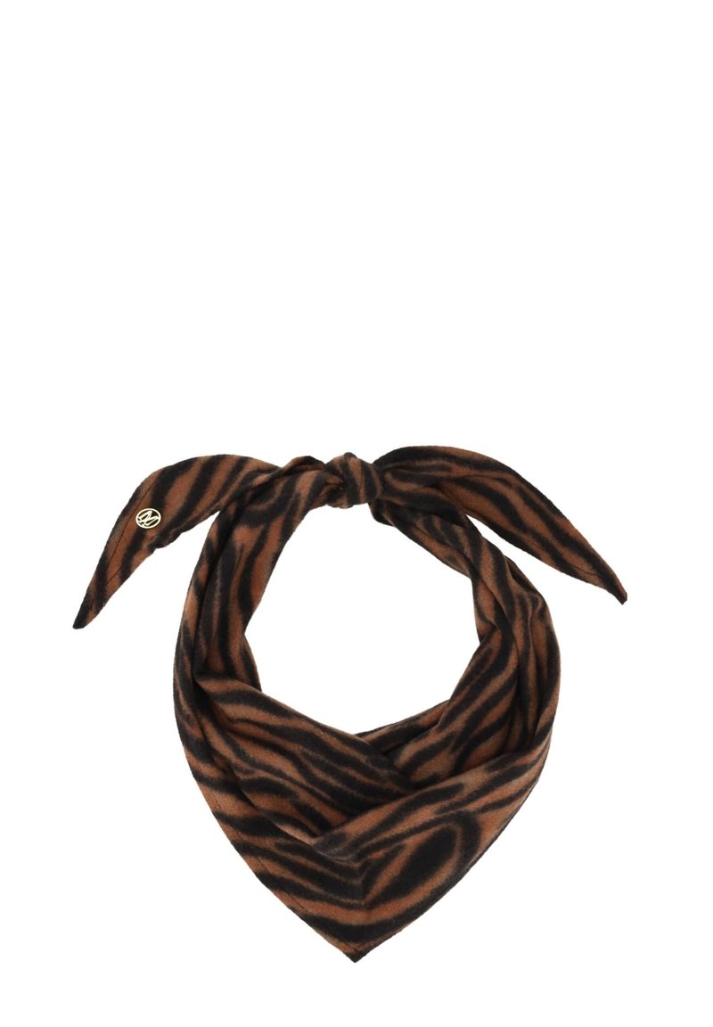 Brown and black animal print scarf with a triangular shape, soft texture, and two tied ends; features a small gold logo detail.