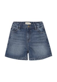 Jeansshorts i medelblått med rak skärning, fem fickor och framknäppning. Har lätt blekning och kontrasterande sömmar.