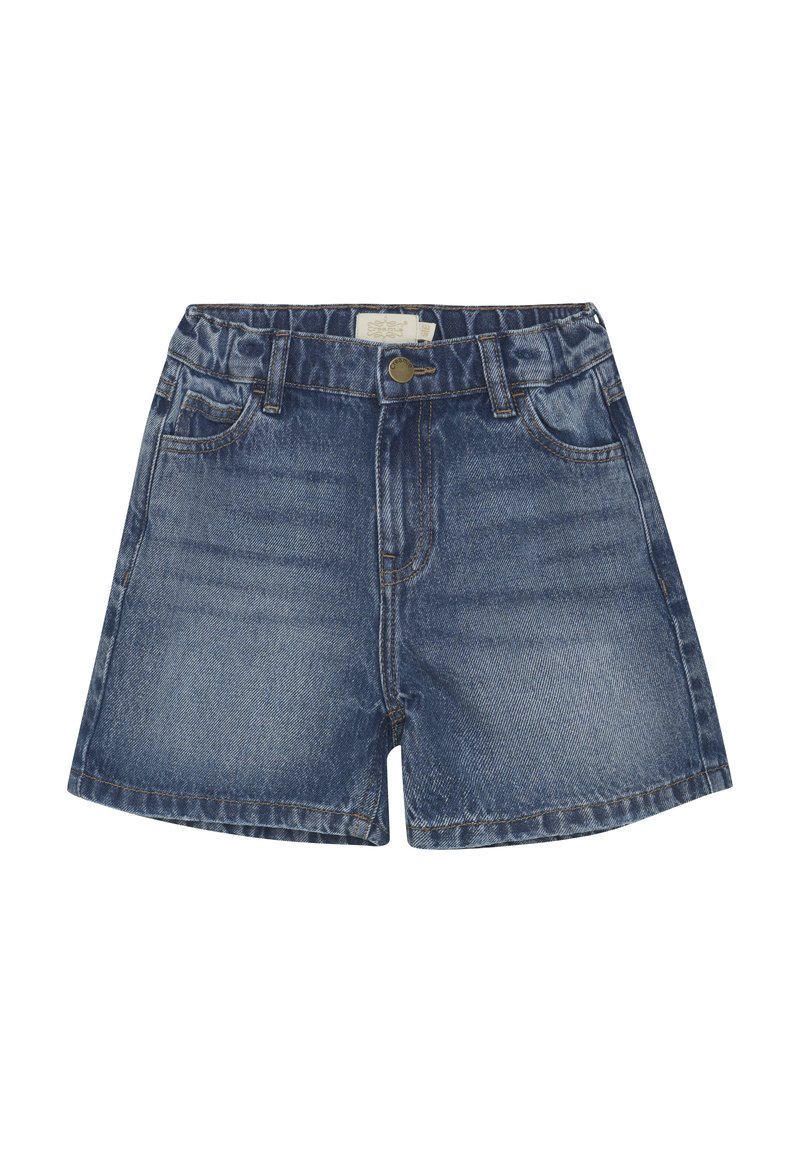 Jeansshorts i medelblått med rak skärning, fem fickor och framknäppning. Har lätt blekning och kontrasterande sömmar.