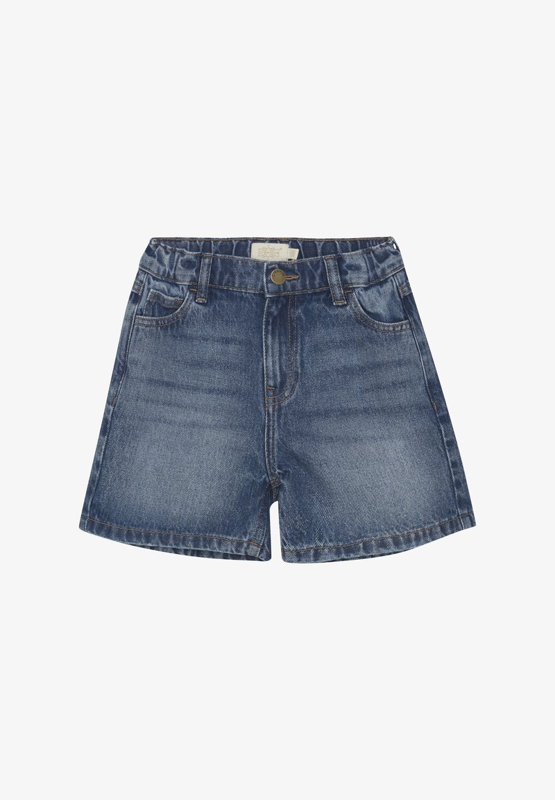 Shorts en denim bleu moyen avec une coupe droite, un design à cinq poches et une fermeture à bouton sur le devant. Présente un léger délavage et des coutures contrastantes.