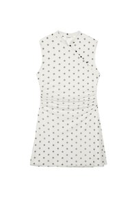 Robe blanche sans manches à pois gris, devant croisé avec boutons noirs et taille froncée.