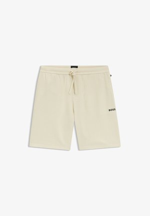 Beige korte broek van gestructureerde stof met verstelbare taillekoord en "BOSS"-logo op de linker dij.