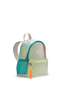  läpinäkyvä reppu, jossa on siniset yksityiskohdat, pyöreä muoto, etupuolella vetoketjullinen tasku ja oranssi vetoketjun vedin. Valmistettu kestävästä materiaalista ja verkkomaisista sivuista.