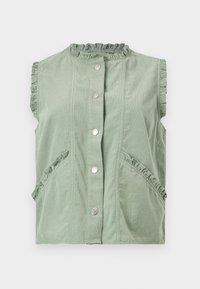 Gilet sans manches vert sauge avec boutons-pression à l'avant, bordure froncée au col, aux emmanchures et aux bords des poches, en tissu doux texturé.