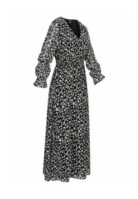 Robe longue noire à imprimé floral blanc, avec manches longues bouffantes, encolure en V et taille froncée pour une coupe décontractée.