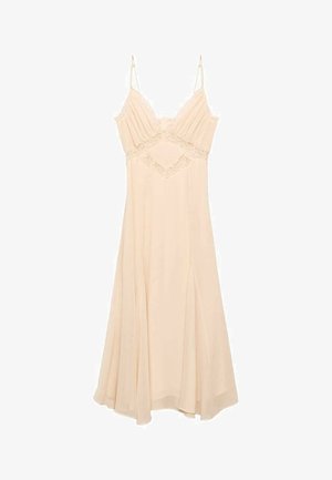Pale beige sleeveless dress with lace accents, pleated bodice, and flowing skirt. Made of lightweight fabric with a soft texture.
