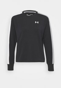 Felpa nera a maniche lunghe con strisce laterali grigie. Presenta un collo a giro e il logo Under Armour sul petto. Realizzata in un tessuto morbido ed elasticizzato.
