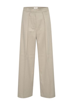 Beige wide-leg trousers with a flat front and two pleats. Made from smooth fabric, featuring a tailored waistband and no visible hardware.