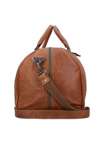 Braune Leder-Duffle-Tasche mit runder Form, robusten Reißverschlüssen, einem abnehmbaren Stoff-Schultergurt und zwei oberen Traggriffen.