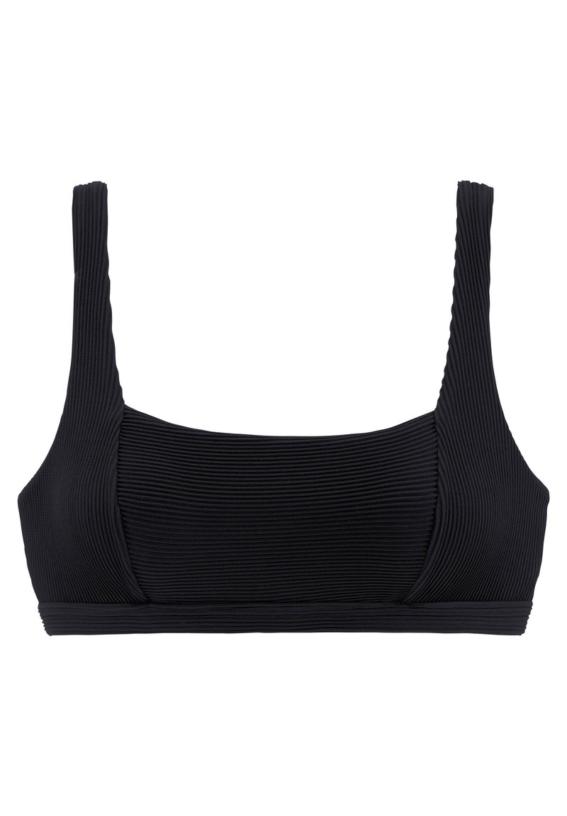 Zwarte geribbelde crop top met brede schouderbanden en een gestructureerd ontwerp, met een textuurstof en een vaste band aan de onderkant.