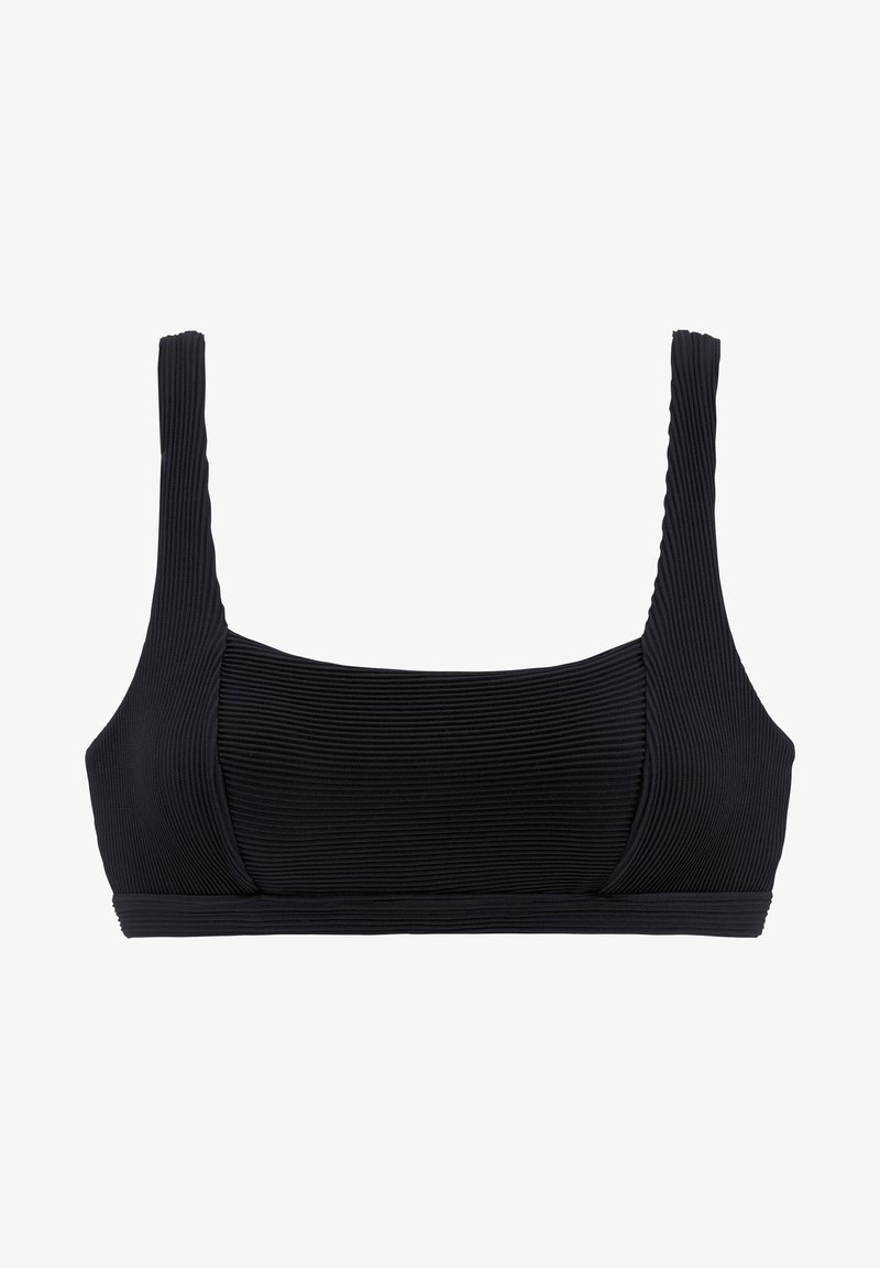 Zwarte geribbelde crop top met brede schouderbanden en een gestructureerd ontwerp, met een textuurstof en een vaste band aan de onderkant.
